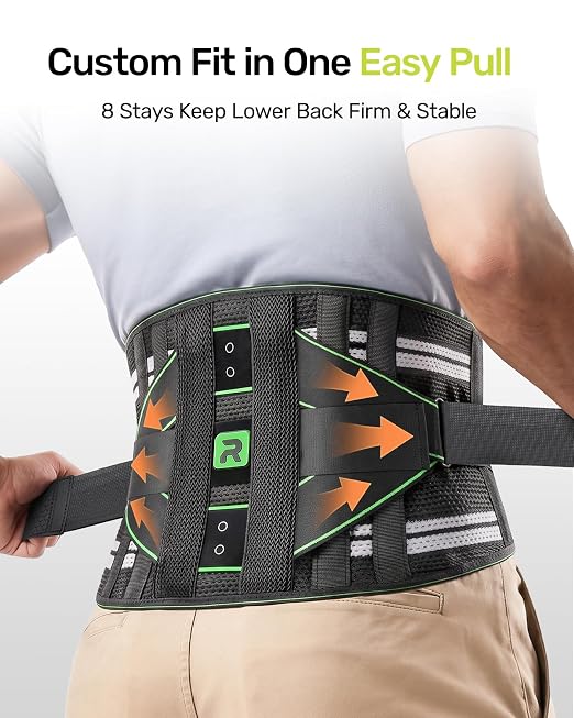 Rakiie Back Brace for Lower Back Pain Relief, 8 Stays Powerful Lumbar Support for Men Women, Back Support Belt with 3D Pad, Breathable Back Support Brace with Adjustable Strap for Herniated Disc, Sciatica, Green Size M