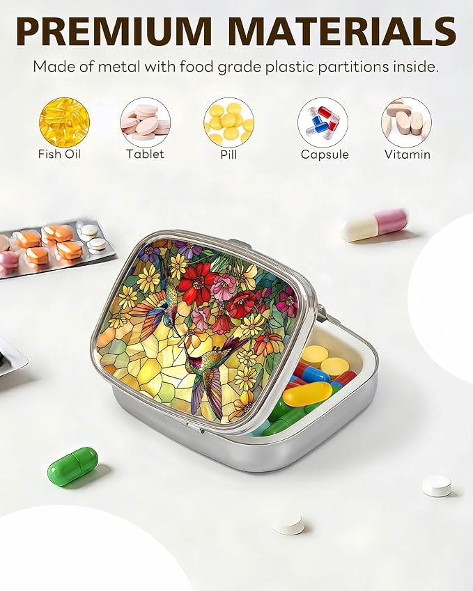 LRITER Pill Case, 2 Compartment Portable Small Travel Pill Organizer for Purse and Pocket, Stylish Medicine Case with Multiple Patterns, Daily Pillbox for Home & Travel (Flowers and Birds)
