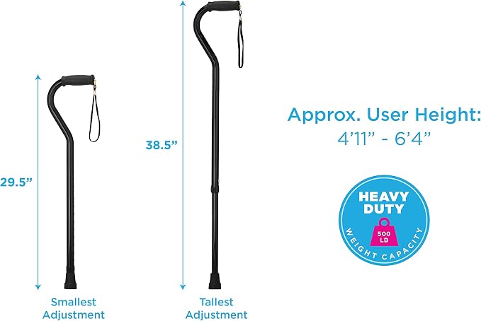 NOVA Heavy Duty Walking Cane with Offset Handle, 500 lb. Weight Capacity, Bariatric & Lightweight Adjustable Walking Stick with Carrying Strap, Black