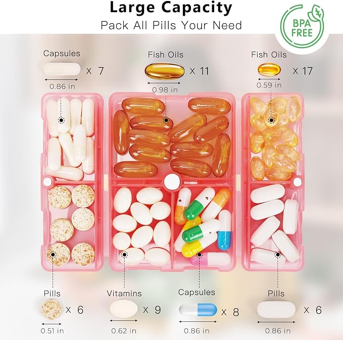 FYY Daily Pill Organizer, 7 Compartments Portable Pill Case Travel Pill Organizer,[Folding Design] Pill Box for Purse Pocket to Hold Vitamins,Cod Liver Oil,Supplements and Medication-Clear Red