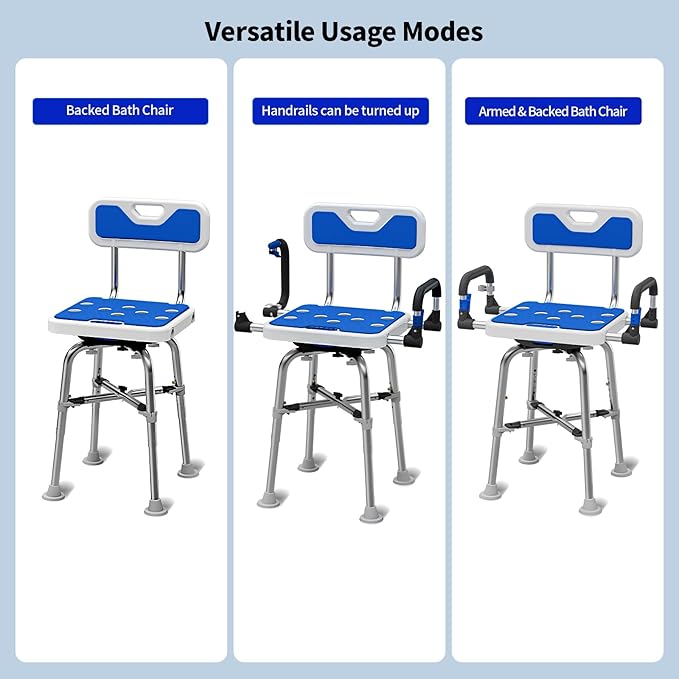 Swive Shower Chair with Arms and Back Heavy Duty 500 lbs for Seniors Elderly Disabled or Bariatric Adults Bench Seat for Inside Shower Stall and Bathroom Bath Tub Seats Adjustable Stool