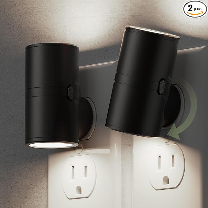 L LOHAS LED Bright Night Lights Plug into Wall,Daylight White,Rotating,Mini | Dimmable Nightlight Plug in, Light Sensor Night Light, LED Nightlights, Hallway Bedroom Bathroom Kitchen,[Black Shade,2 Pack]