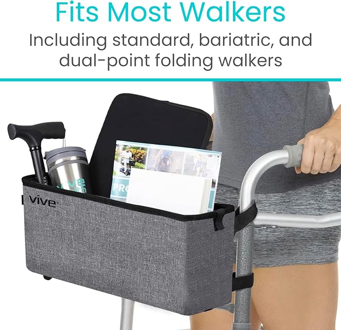 Vive Walker Basket Accessories Bag - Tray for Folding Walker with Water Cup | Holder & Pockets - Universal Large Capacity Storage Container for Seniors, Elderly - Storage Mobility Aid Pouch (Gray)