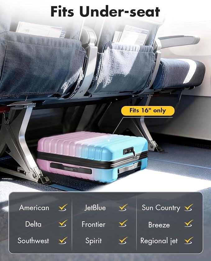Lekesky 16 Inch Underseat Carry On Luggage Airline Approved, Small Hard Shell Suitcase with TSA Lock Spinner Wheels, Lightweight Personal Item Carry-On for Travel, Cotton Candy