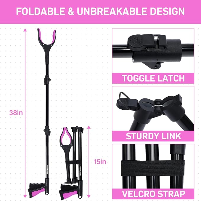 38" Extra Long Grabber Reacher Tool – 2 Pack Foldable Reacher Grabber Pickup Tools for Seniors, Disabled, Trash Pickup, and Hard-to-Reach Areas, Ergonomic Grip & Lightweight Design（Orange Pink）