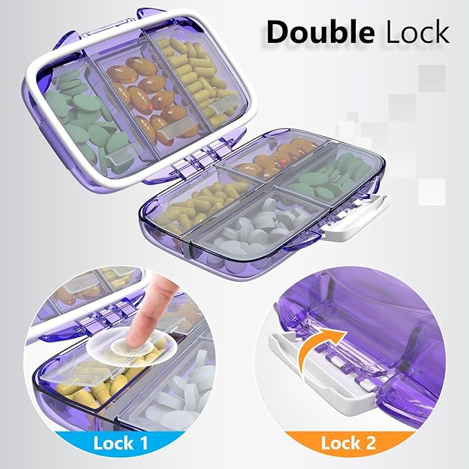 Travel Pill Organizer - Moisture Proof Portable Vitamin Holder with 7 Compartments, Compact Supplement Case for Purse Essential Medicine Kit fot Traveling Pocket Pharmacy with Labels, Purple