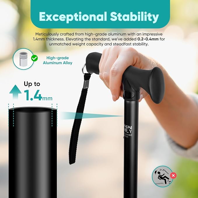 Enhanced Walking Cane (Thicker & Longer) - Foldable, Adjustable, Collapsible, Spare Tip, with Travel Bag | Versatile Walking Stick for Every Height, Weight, Seniors & Adults