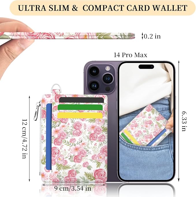 Hancynir Flower Floral Slim Wallet Women Credit Card Holder RFID Small | Zipper Pocket Wallet, Thin Travel Coin Purse, Ladies Women Gifts, Minimalist Card Case, 6 Card Slots, ID Window, PU Leather
