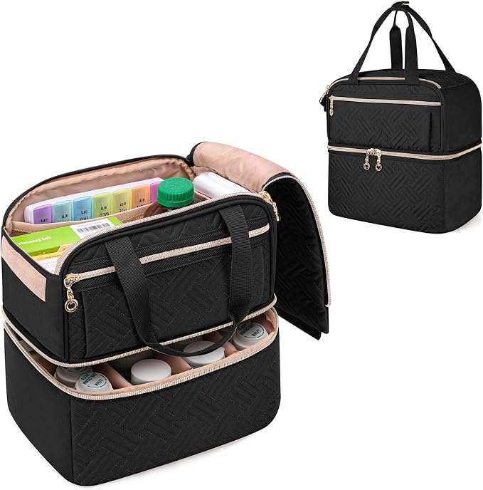 Damero Double Layers Pill Bottle Organizer Empty with 4 Customized Dividers | Lockable Medicine Storage Bag Medication Travel Bag for Prescription Bottles, Medical Supplements, Black