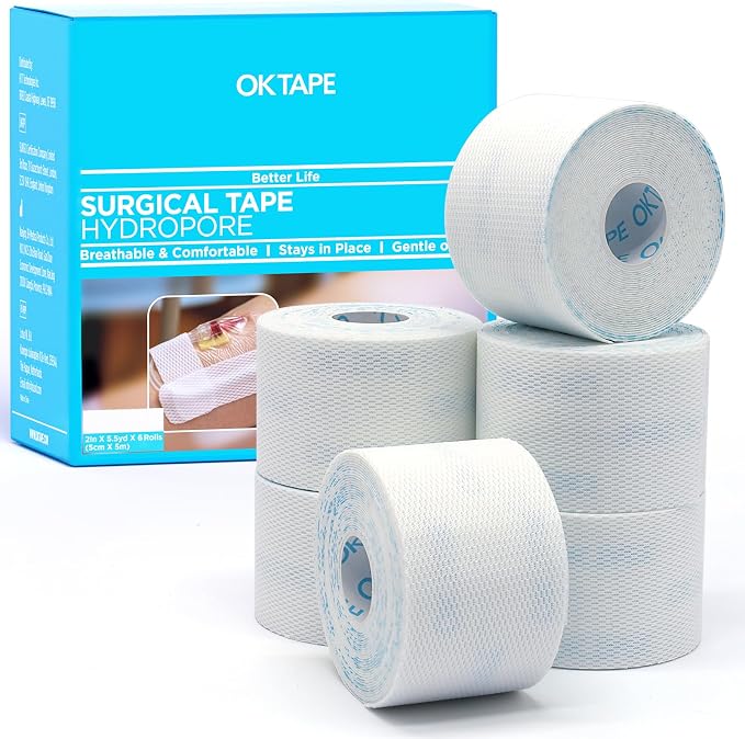 OK TAPE Hypoallergenic Surgical Tape 2 inch x 5.5yd |6 Rolls,Dry Medical Tape for Skin, Tube, Dressings, Wound First Aid Tape