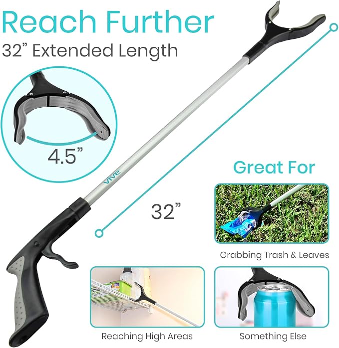 Vive Reacher Grabber Tool - 32" Extra Long Pickup Aid (2 Pack) - Trash Picker Upper, Rotating Hand, Heavy Duty Grip Arm - Reaching Assist for Litter, Elderly, Garden Nabber, Disabled, Handicap Arm | Picker Upper, Rotating Hand, Heavy Duty Grip Arm - Re...