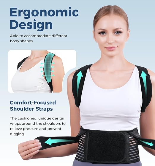 Posture Corrector for Women and Men, Full Back Brace Support with Adjustable Shoulder Straps, Shoulder and Back Straightener Posture Correction, Upper and Lower Back Pain Relief (Black, Large)