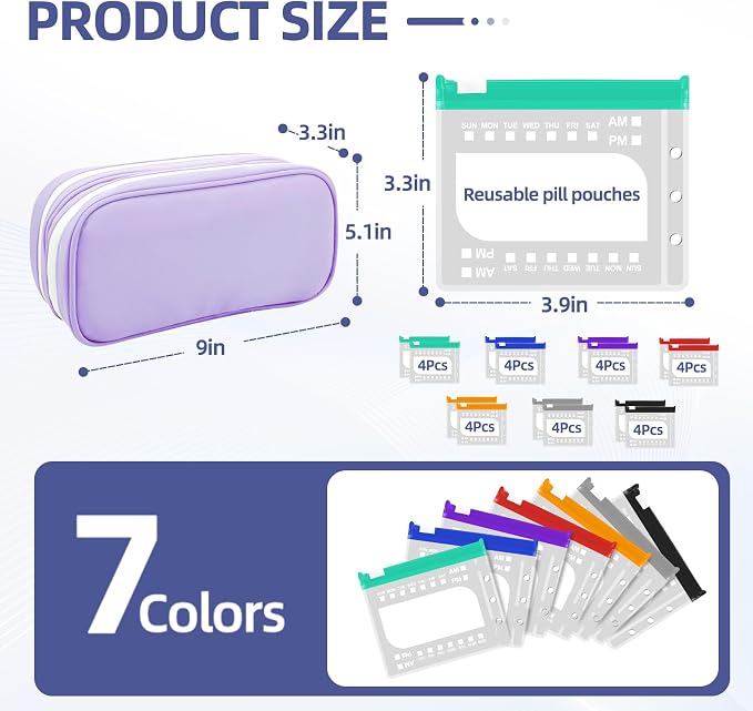 Timueetech XXL A6 Pill Organizer, 28 BPA-Free Medication Pouches for A6 Binders, Large Monthly Waterproof Storage System with Double-Compartment Travel Case, Purple
