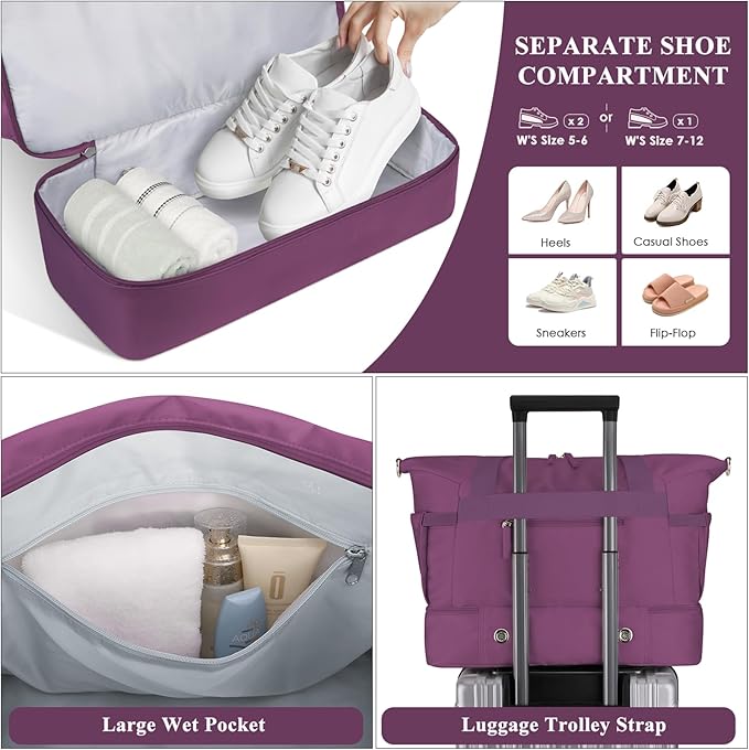 Gym Bag for Women, Personal Item Travel Bag with Shoes Compartment, Weekender Overnight Duffel Bag with Wet Pocket, Carry On Bag for Women, Travel, Gym, Weekend