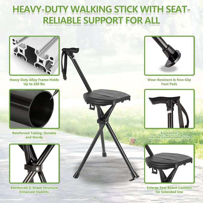 Walking Cane Chair Portable Folding 2-in-1 Trekking Pole Stick with Seat, Adjustable Sturdy Anti-Slip Lightweight Aluminum for Hiking Camping Seniors Walking