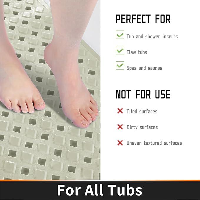 Yimobra Non Slip Bath Mat, Super Strong Suction Cups,34.5"x15.5"Long Tub Mat with Drain Holes, Machine Washable Fast Draining Shower Mats, Bathroom Essentials,Camel