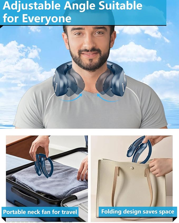 Personal Neck Fans Mister with Water Spray, 4000mAh 4-9H Lasting, Mini Foldable Leafless AC for Neck Face Shoulder, LED Cordless Hanging Wearable Headphone Fan for Kid Adult Worker Hot Weather, Blue