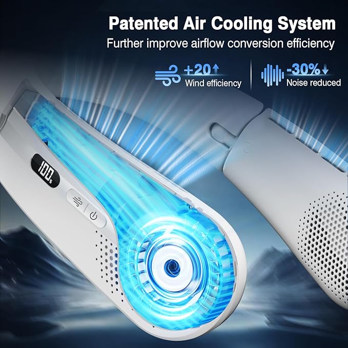 ChillGo Portable Neck Fan, 8400 RPM Enlarged Turbo Airflow, 5200mAh Personal Wearable Fan - Max 16H Cooling, LED Display, 4 Speeds, Foldable, Gifts for Men Women - Iceland Frost
