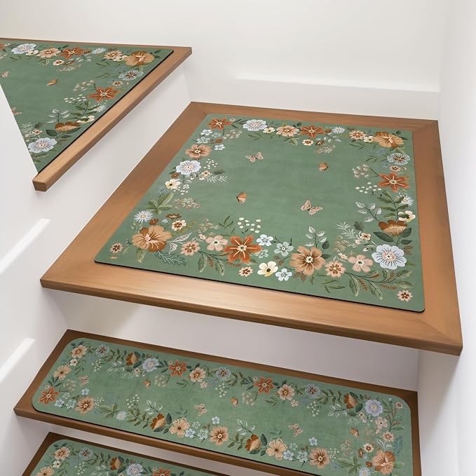 OJIA Floral Stair Treads Non-Slip Landinging Mat 31"x31" Stair Runner | Square Carpet Stair Treads for Wooden Steps Indoor Rubber Backing Anti-Slip Stair Matching Mat Stair Rugs, Green
