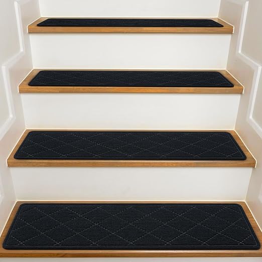 Stair Treads for Wooden Steps Indoor, 7 Pack 8" X 30" Non Slip Carpet Stair Treads with Reusable Adhesive for Elders and Dogs, Surface Polyester TPR Backing Stair Rugs,Black