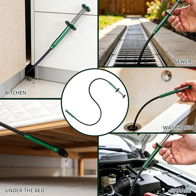 Flexible Grabber Tool, Magnetic 4-Claw Gripper (24", Green) | Mechanic Pickup Tool with Spring-Loaded Handle; for Automotive, Engine Bay, Bathroom, Kitchen, Sewers, Drain, Small Spaces