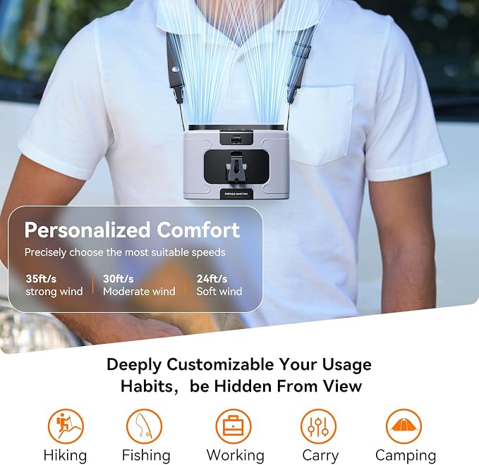 Doublepow 10000mAh Portable Waist Fan, Personal Dual Waist Fan, Clip On Belt Hanging Neck, Dual Motor 20H&10 Speed 16000RPM Strong Airflow, USB Rechargeable Fans, for Outdoor Work Travel(K60-Gray)