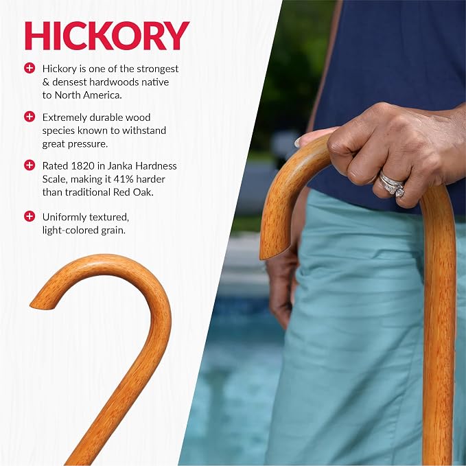 Cane Masters Handmade Wooden Classic American Walking Cane | Highly Durable American Hickory Wood Walking Cane | Ergonomic Handle and Body Grip, Anti-Slip Rubber Tip Wood