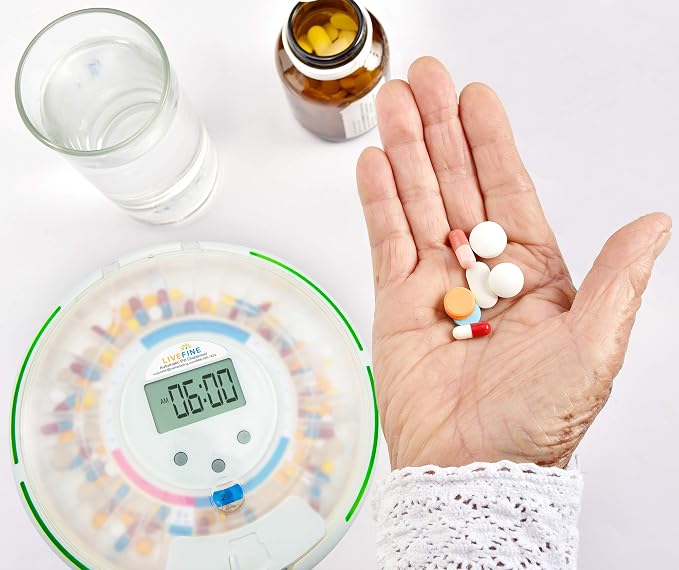 LiveFine Automatic Pill Dispenser, 28-Day, 9 Dosage Rings, 30-Min Alarms | Portable, battery-powered organizer for prescriptions and vitamins - locks with a manual key for safe travel