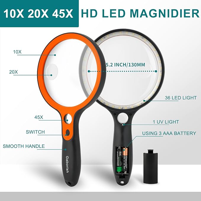 Large Magnifying Glass with 36 LED Light and Case, 10X 20X 45X Handheld Illuminated Lighted Magnifier with 1 UV Light for Seniors Reading, Inspection, Coins, Exploring Close Work