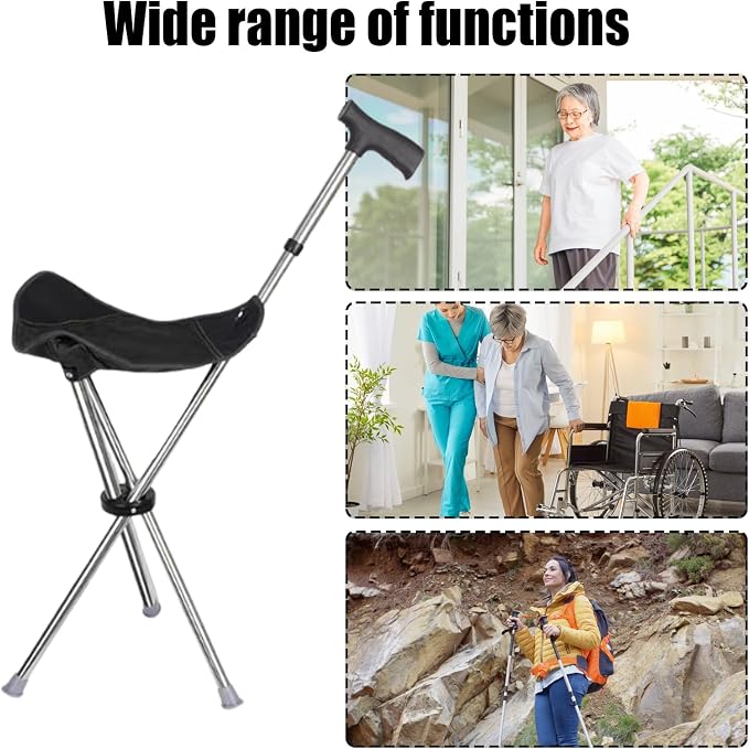 Cane with Chair - 50cm Oxford Cloth Walking Stick, Anti Slip Mobility Aid Stool, Fold Seat for Elderly Adults, Steel Frame Oxford Cloth Support | Portable Travel Hiking Camping Outdoor Convenient