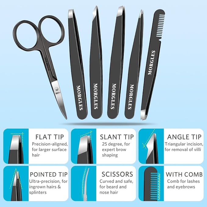 MORGLES Tweezers Set for Men 9 Pcs Nail Clipper Kit with Case for Grooming | 5 Tweezers, Clippers, Scissors, Rust-Proof Steel, Travel Press-On Case, for Splinters, Brows, Hair Removal