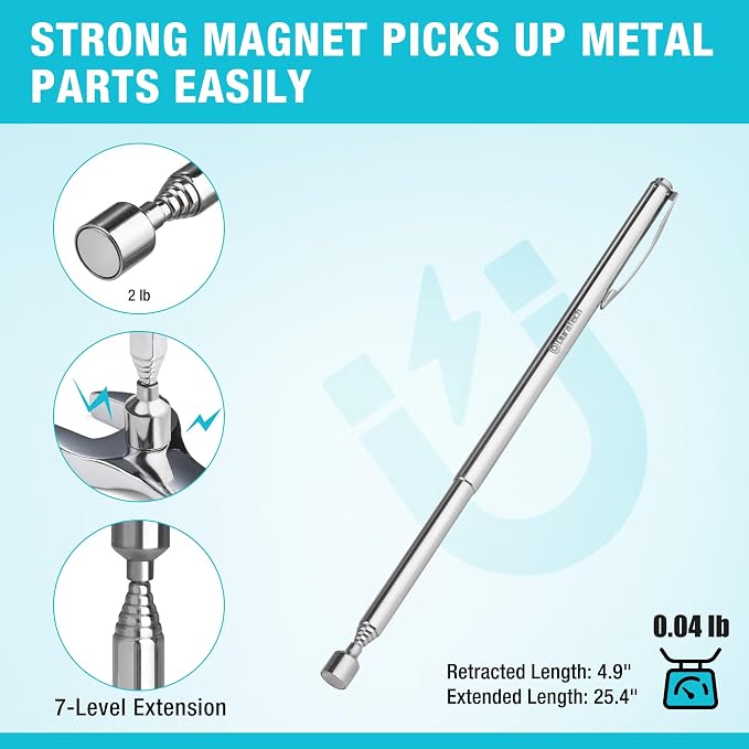 DURATECH Telescoping Back Scratcher and Pick-Up Tool Set with Pouch | 5 Interchangeable Heads, Extendable Back Scratcher, 2 lb Magnetic Pickup Tool, Telescoping Inspection Mirror