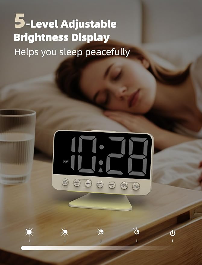 Odokee Digital Alarm Clocks for Bedrooms: Large Bold Number 5 Brightness Dimmer - Easy to Read Across The Room - 5 Alarm Sound 8 Night Light - Putty