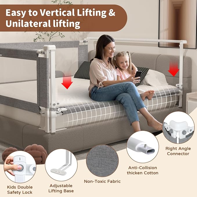 3-Piece King Size Bed Rail for Toddlers - Height Adjustable Baby Bed Rail Guard with Headboard Rod,Safety Bed Rails for King Size Bed with Child Lock(78.74x78.74x74.8 Inch)