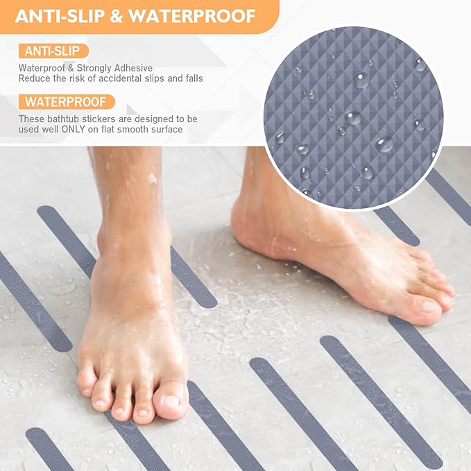 Non Slip Bathtub Stickers, 24 PCS Shower Stickers for Safety Bathroom Tubs, Bathtub Non Slip Stickers and Adhesive Decals Scraper for Bath Tub, Shower Floor, Stairs, Ladders(Grey)