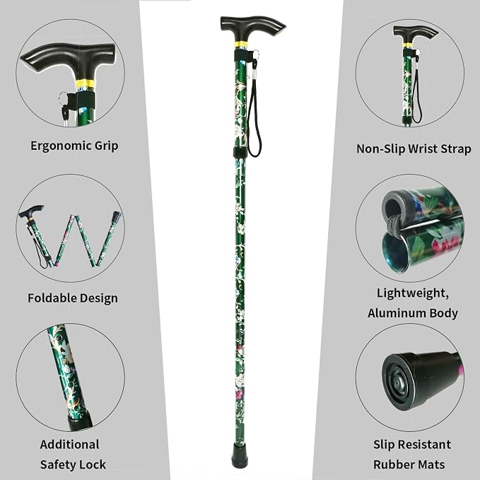 Folding Canes for Men and Women, Floral | 5-Level Adjustable Height, Lightweight Collapsible, Aluminum, Wrist Strap, T Handle, Walking Sticks for Seniors Adults