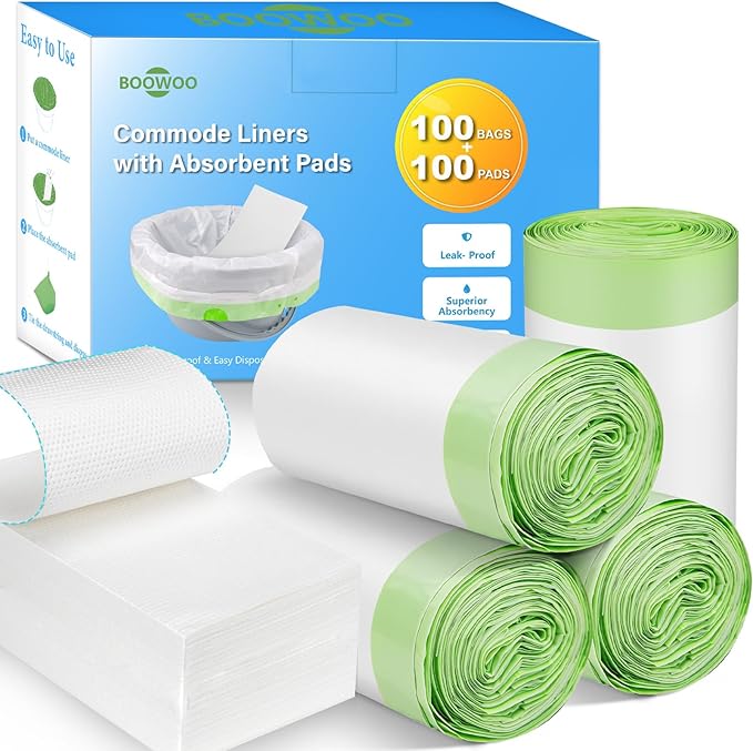 Commode Liners with Absorbent Pad, Universal Fit for Commode/Camping Toilet | 100Bags+100Pads, Unscented, Leakproof, Drawstring Closure for Easy Disposal, 1000ml Absorbency,for Seniors Home Care, RV Trip