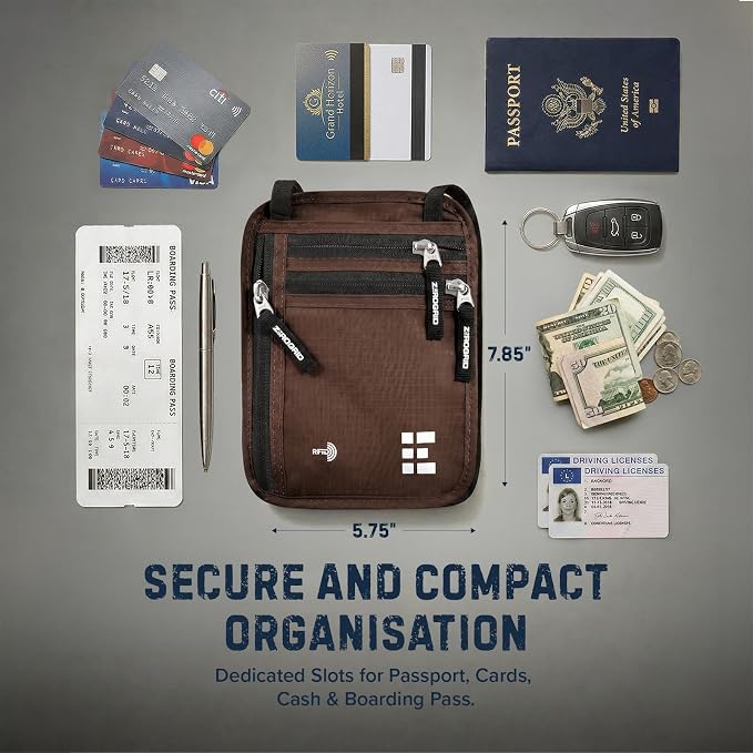 Zero Grid RFID Travel Neck Wallet, Large Passport Holder, Brown | Slim & Concealable Travel Pouch for Men & Women; Holds Phone, Cash, Cards, Keys, Waterproof; 4 compartments; Adjustable Strap