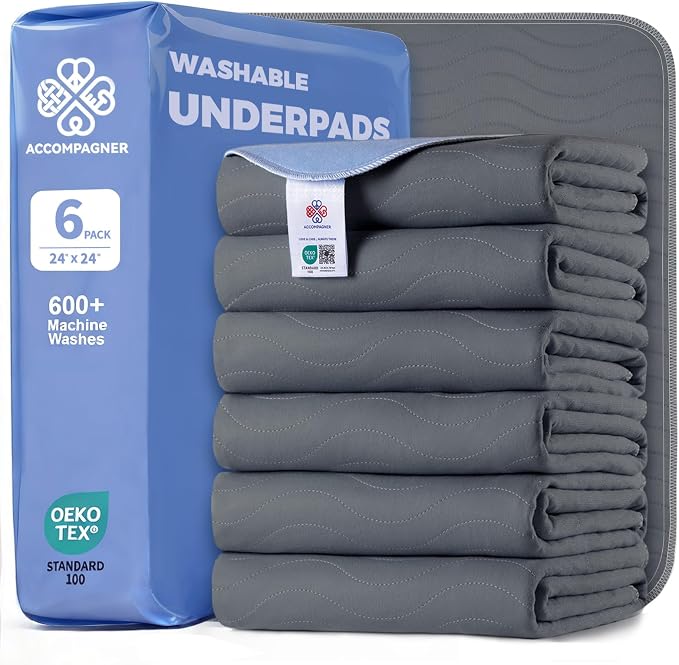 Accompagner Incontinence Bed Pads Washable Waterproof, Ultra-Absorbent Reusable Underpads for Diaper Changing, Nursing, Bedridden, Adults, Seniors, Kids and Dogs (Dark Gray, 24"x24"(Pack of 6))