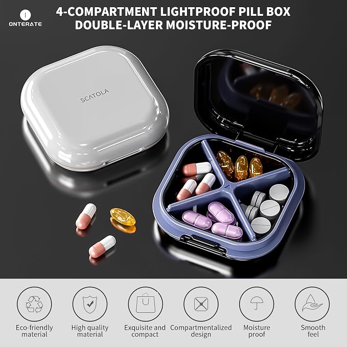 ONTERATE Small Pill Case, Travel Pill Organizer, Small Pill Box, Pill Container for Purse 4 Compartments, Daily Compact Travel Medicine Holder for Vitamins Medication (White Grey)