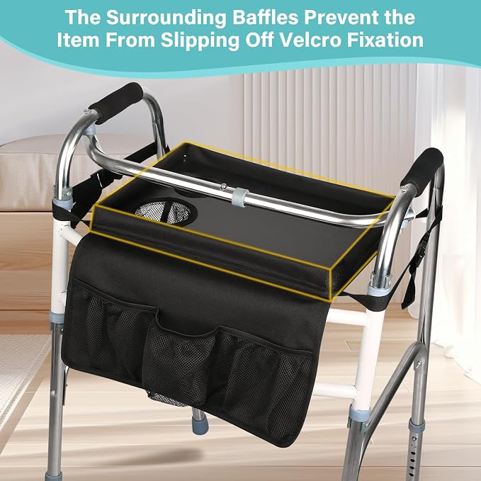 Walker Tray for Folding Walker, Trays for Walkers for Seniors Detachable with Cup Holder,Walker Trays for Rolling Folding Walker,Walker Accessories for Elderly (Black with Baffles)
