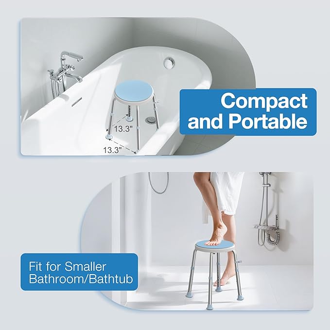 Swivel Shower Stool for Inside Shower, 360° Rotating Bath Stool with Non-Slip Seat Pad, Adjustable Shower Chair for Seniors with 6 Height Levels, Lightweight Seat Supports 300 lbs, Tool-Free Assembly