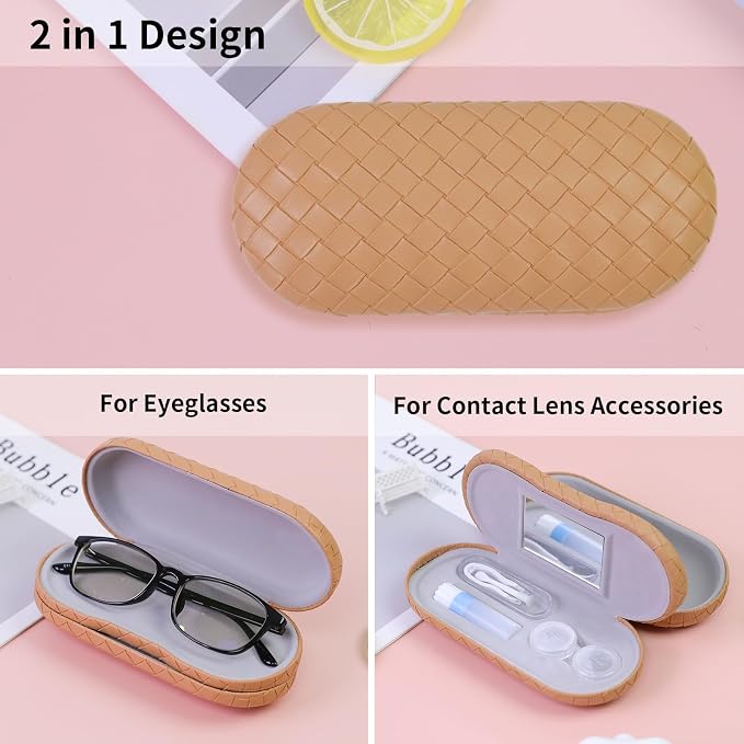 2 in 1 Contact Lens Case and Eyeglasses Case for Women Men Kids, Double Sided Hard Shell Portable Glasses Travel Holder with Built-in Mirror, Contact Lens Box Storage Kit, Coffee