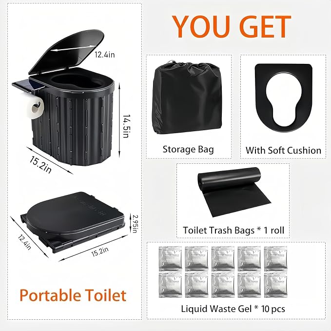 UOPBYEA Portable Camping Toilet for Adults With Leak-Proof Bags & Urine Gel | Washable, With Comfortable Cushion, 12-Inch Extra Wide Seat for Camping, Tent, Outdoor, Travel, RV, Beach, Truck Driver, Boat