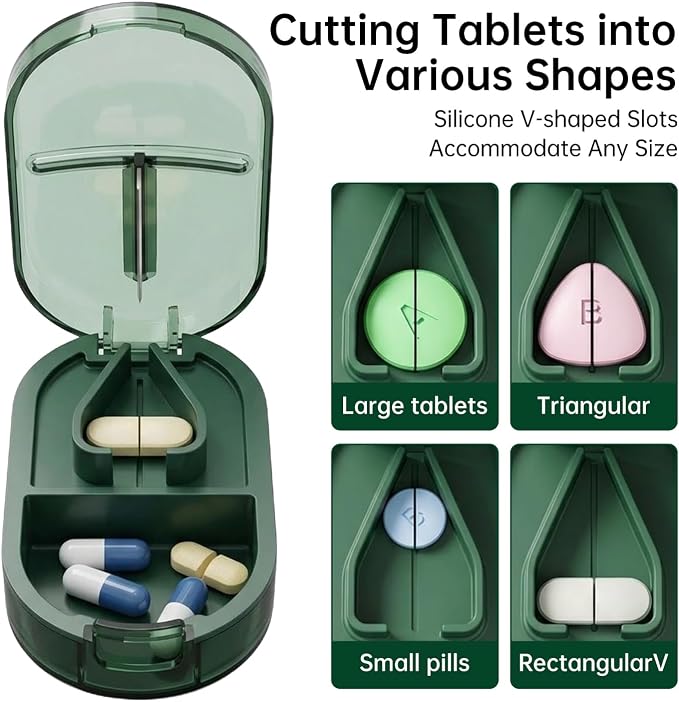 Pill Cutter Splitter for Small or Large Pills, Portable Pill Splitter with Hidden Professional Organizer and Brush, Tablet Cutter Medicine Slicer, Coupe Pilule for Tablets and Vitamins (Green)