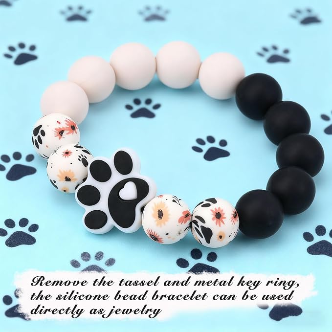BAOSIWA Silicone Beaded Bracelet Keychain Wristlet Key Ring Bangle Chains for Women with Leather Tassel