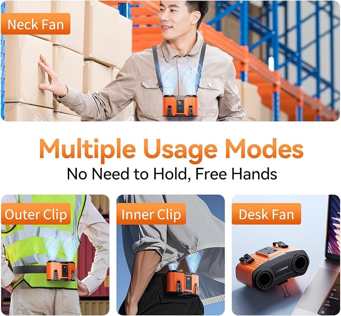Doublepow 24000mAh Portable Waist Fan, Personal Fan, Dual Air Ducts Motors, Rechargeable Clip On Belt for Working, 10 Speeds 45H Wearable Neck Cooling, for Outdoor Work Travel, Power Outage (Orange)