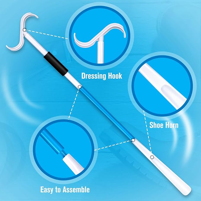 35" Long Shoe Horn for Seniors, 2-in-1 Dressing Stick with S-Hook for Elderly, Pregnant Women, Hip/Knee Surgery, Helps Put on Clothes & Shoes Without Straining (Blue)