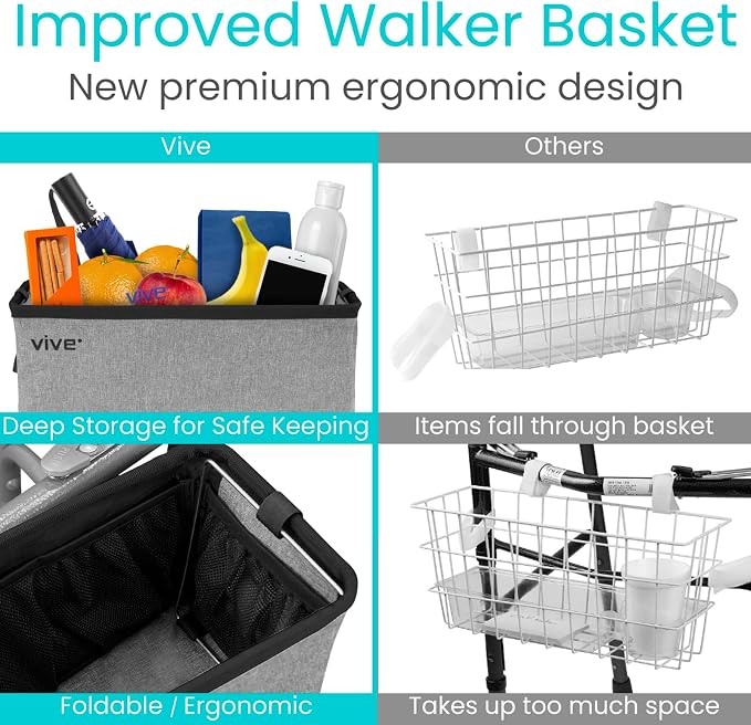 Vive Walker Basket Accessories Bag - Tray for Folding Walker with Water Cup | Holder & Pockets - Universal Large Capacity Storage Container for Seniors, Elderly - Storage Mobility Aid Pouch (Gray)