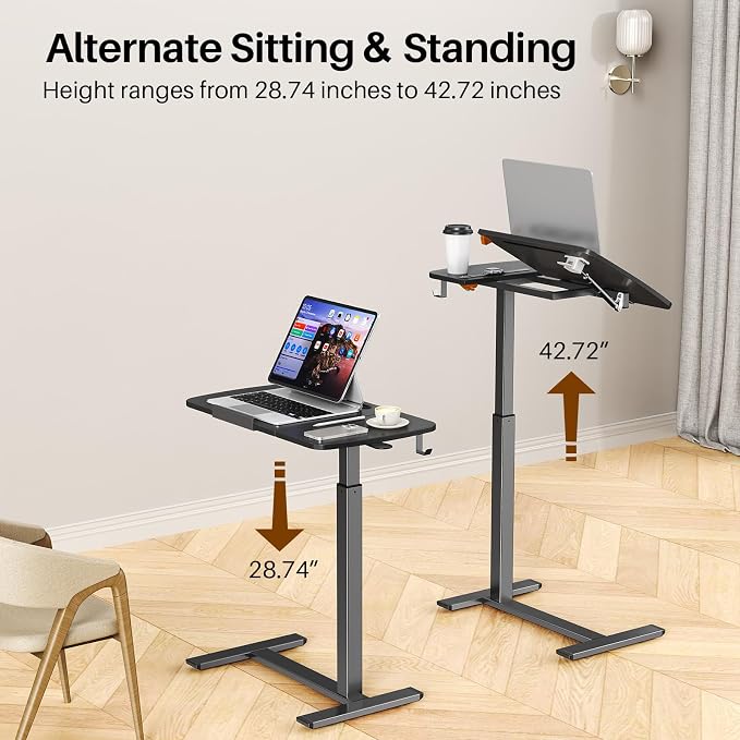 Overbed Table with Wheels, Pneumatic Height and Tilting Desktop | Top Tilts 0-60° with Anti-Slip Stops, Hook, Capacity 66 lbs, 1.18 in Low-Profile Base Slides Easily Under Beds and Sofa